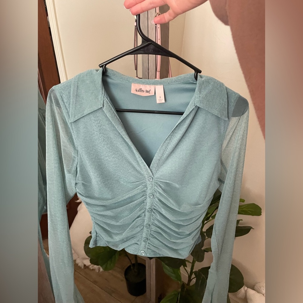 Collared Mesh Cropped Blouse
